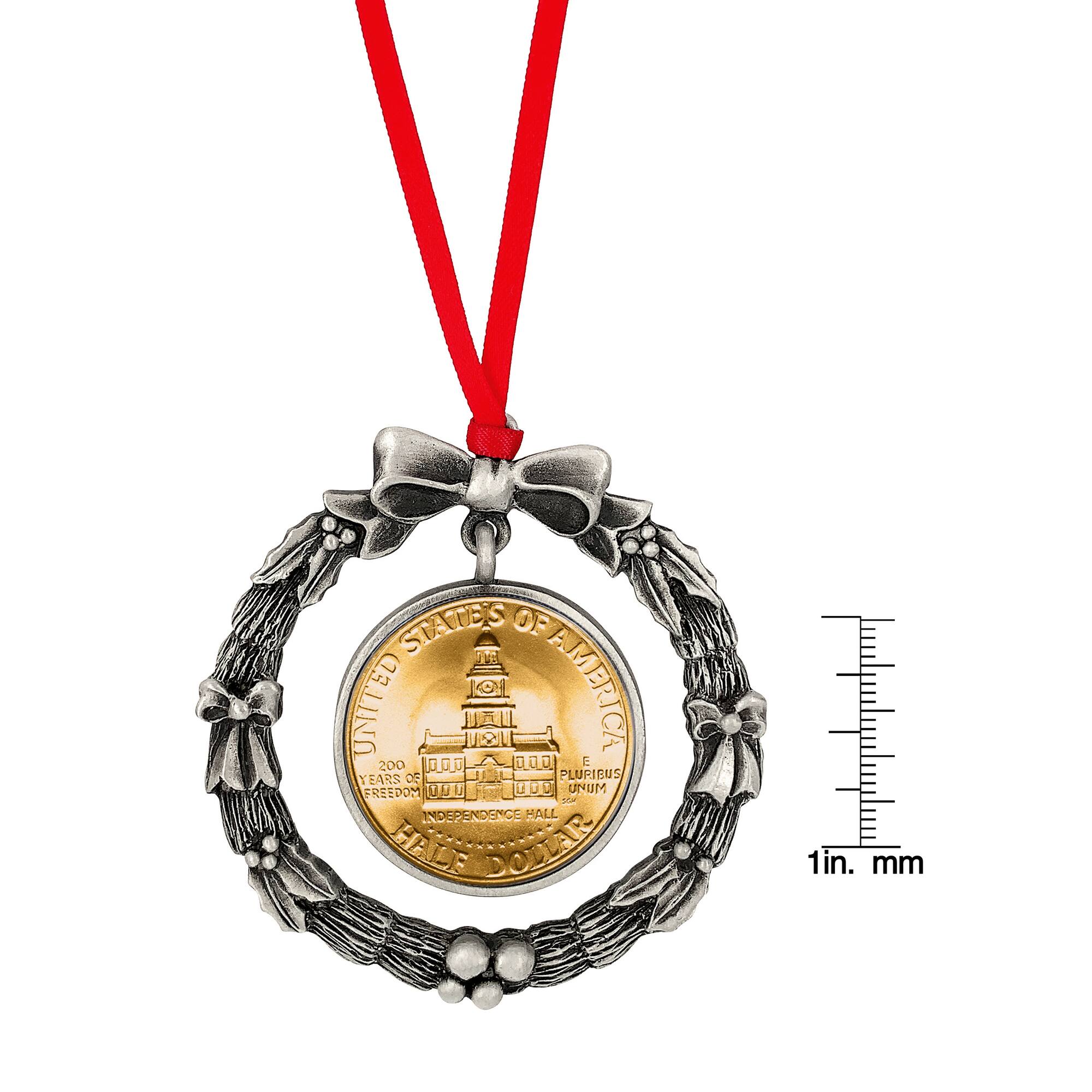 Gold Plated Bicentennial JFK Half Dollar Wreath Ornament
